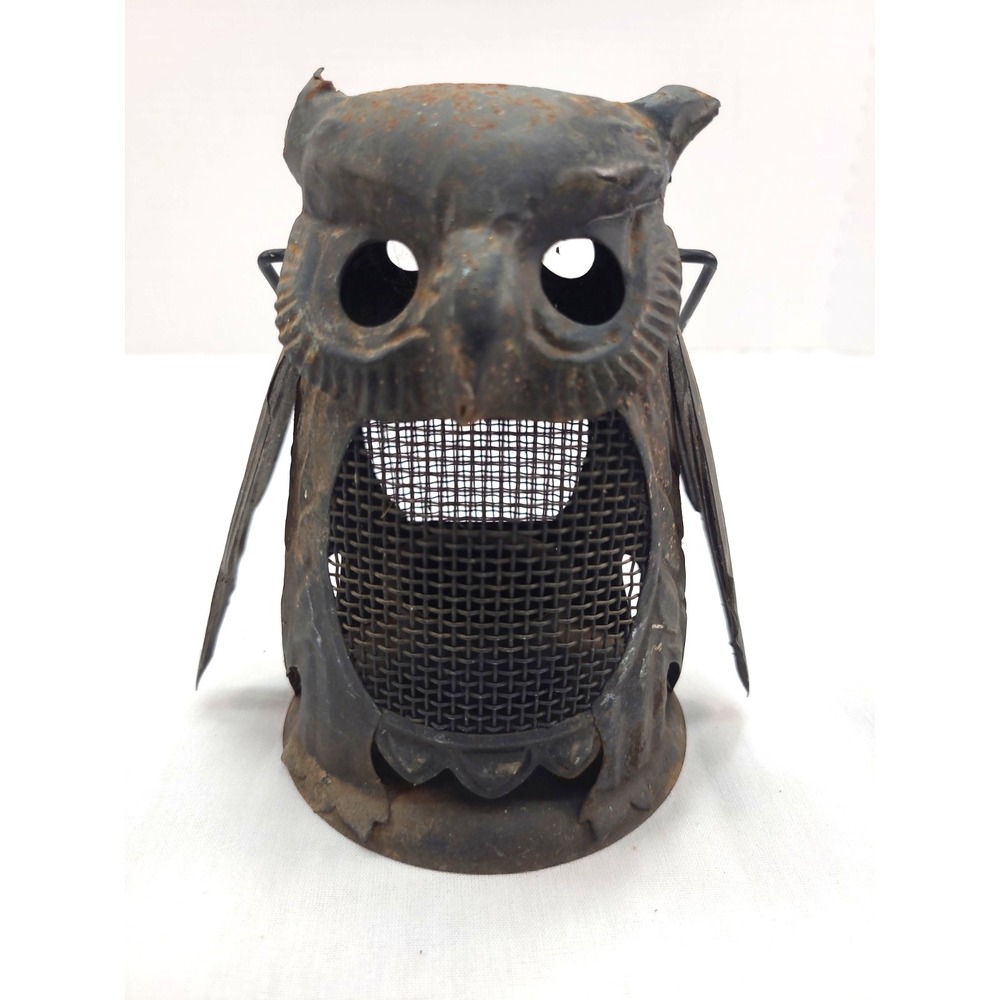 Vtg Owl Metal Hanging Lantern Votive Tealight Candle Holder Natural Patina 6"